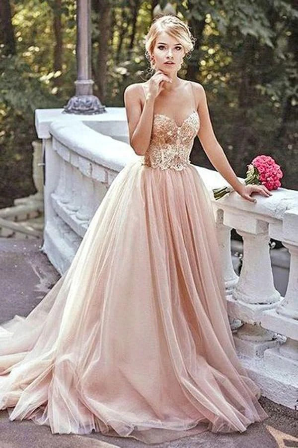 Blush Pink Beaded Lace Tulle Ball Gown with Train