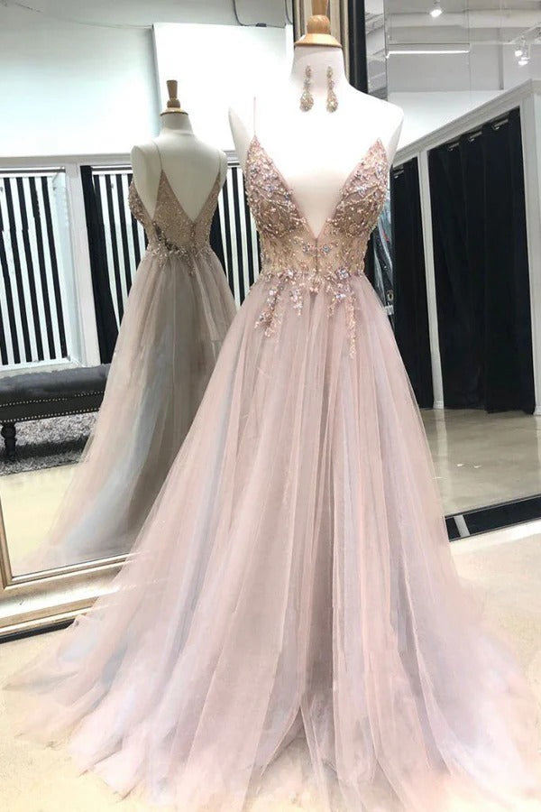 Blush Pink Beaded Tulle Prom Gown with Plunging V-Neck