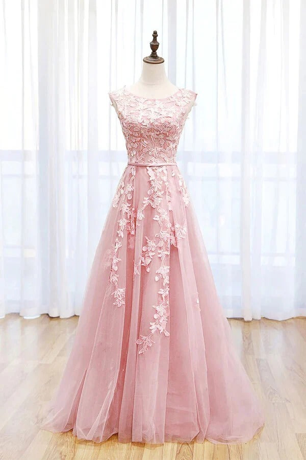 Blush Pink Floral Lace Tulle Gown with Cap Sleeves and Train