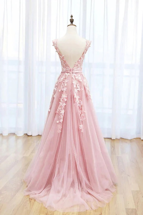 Blush Pink Floral Lace Tulle Gown with Cap Sleeves and Train