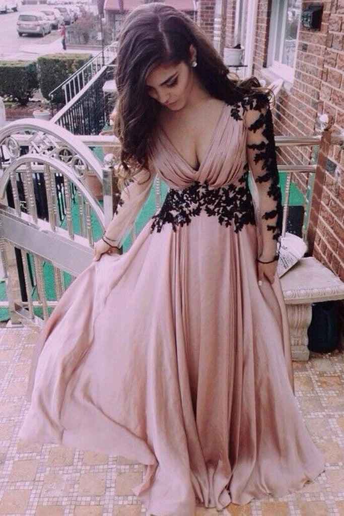 Blush Pink Gown with Black Lace Appliqué Sleeves