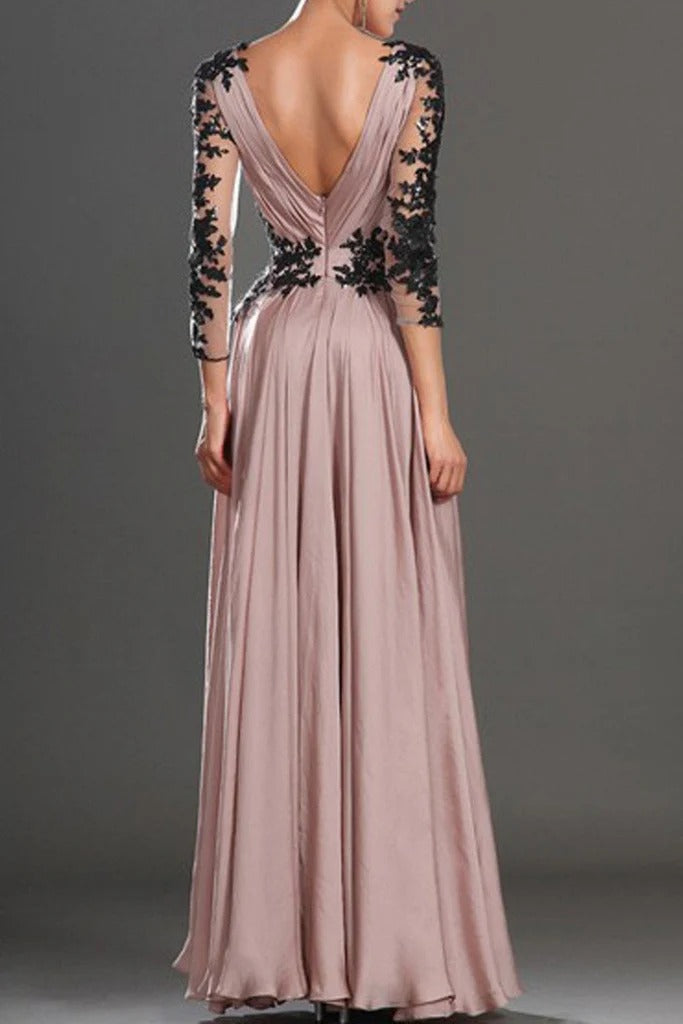 Blush Pink Gown with Black Lace Appliqué Sleeves