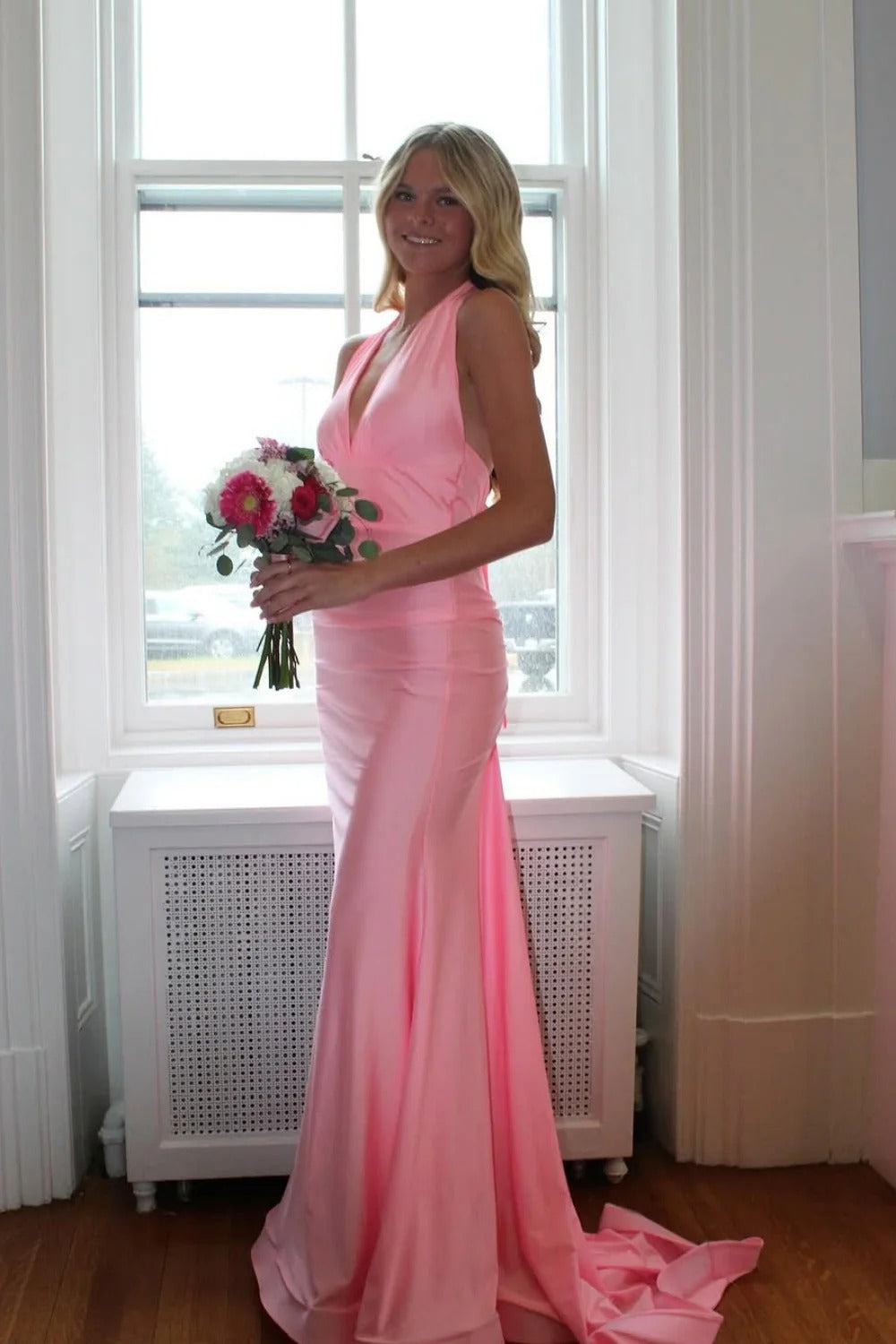 Blush Pink Halter Mermaid Gown – Open Back Bow Detail Formal Dress with Train