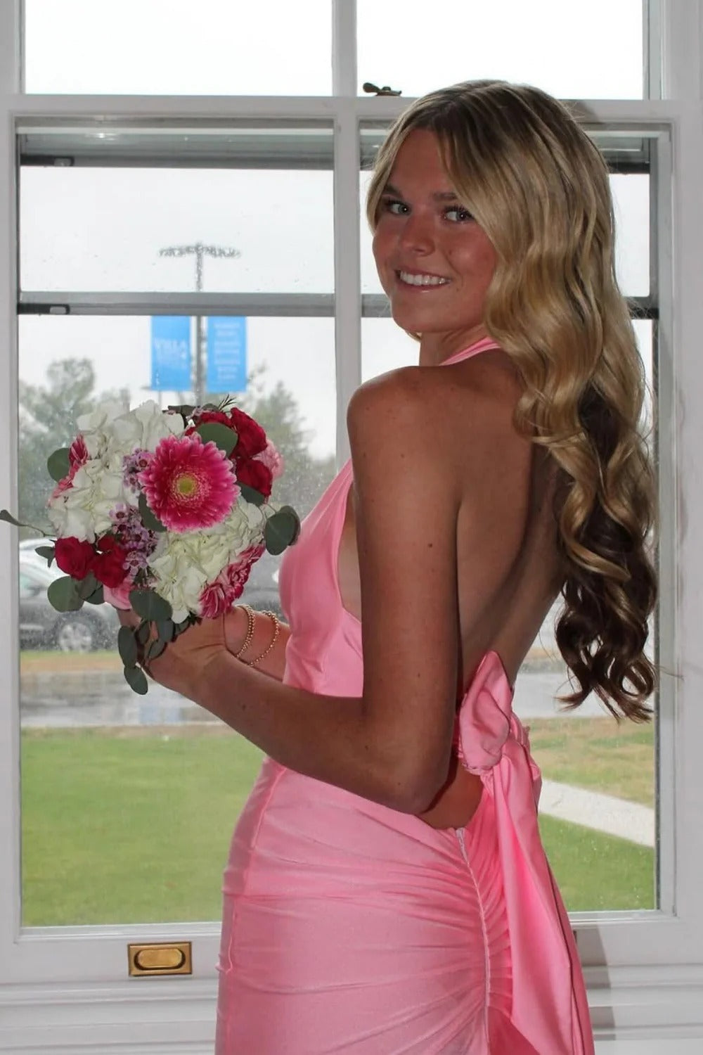 Blush Pink Halter Mermaid Gown – Open Back Bow Detail Formal Dress with Train
