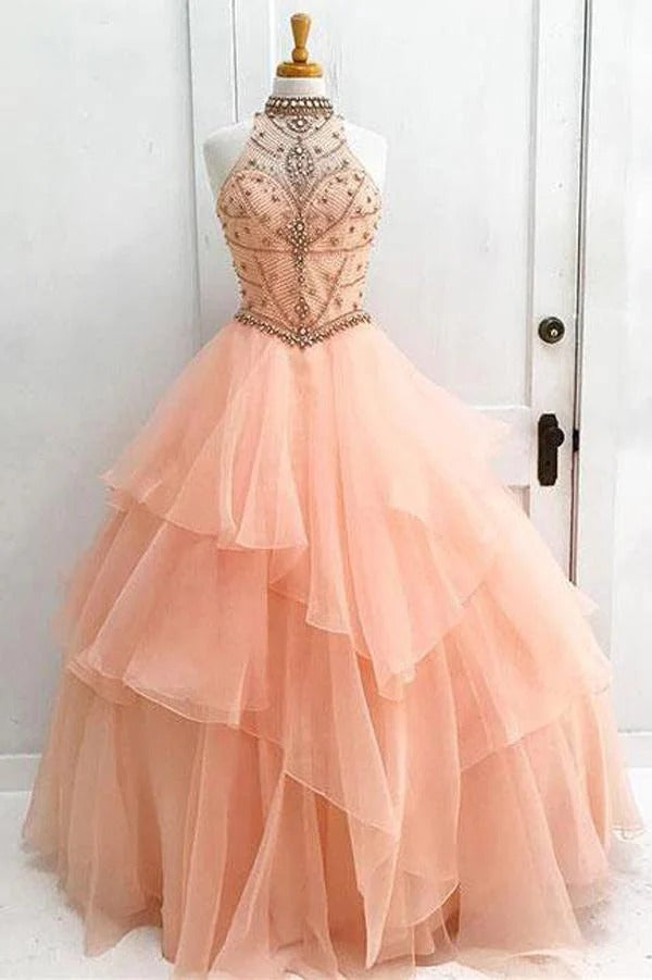 Blush Pink Halter Neck Beaded Ruffled Tulle Ball Gown