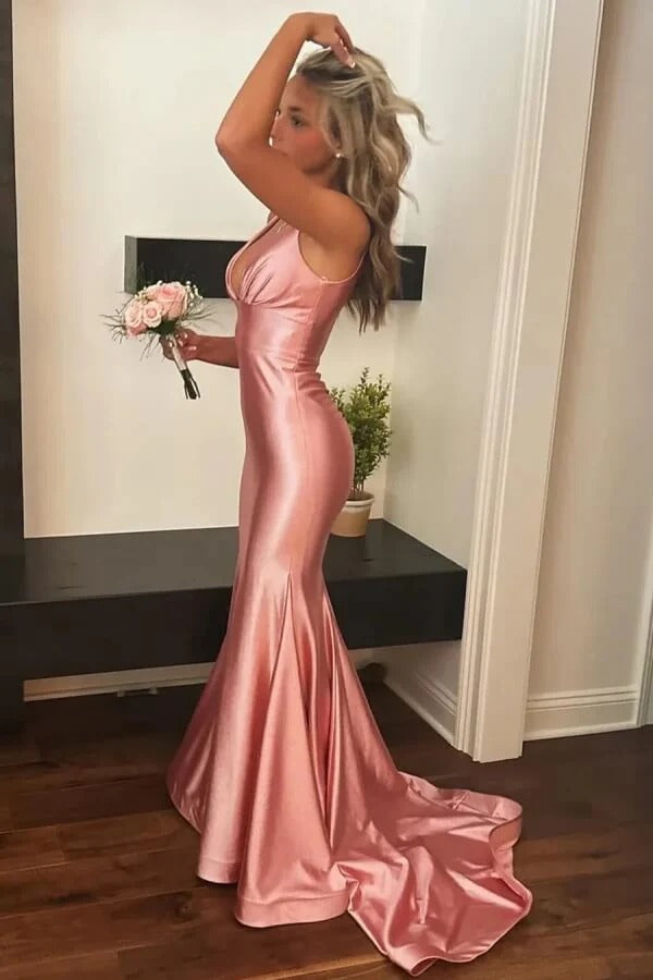 Blush Pink Halter Neck Ruched Satin Mermaid Maxi Dress with Train