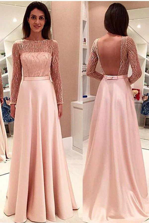 Blush Pink Lace Long Sleeve Open Back Gown
