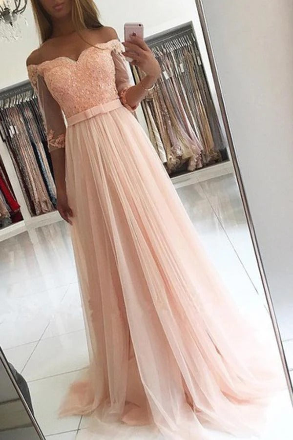 Blush Pink Off-The-Shoulder Beaded Lace Tulle A-Line Maxi Gown with Train