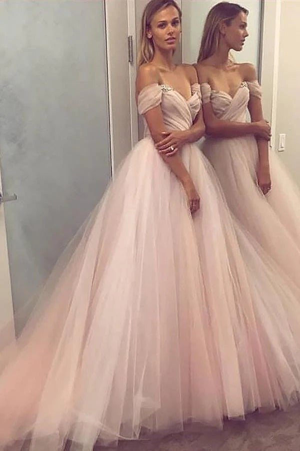 Blush Pink Off-The-Shoulder Sweetheart Beaded Lace Tulle Ball Gown with Train