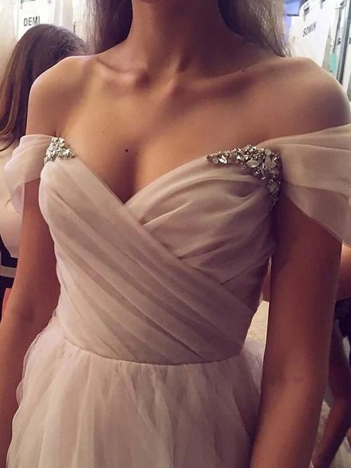 Blush Pink Off-The-Shoulder Sweetheart Beaded Lace Tulle Ball Gown with Train