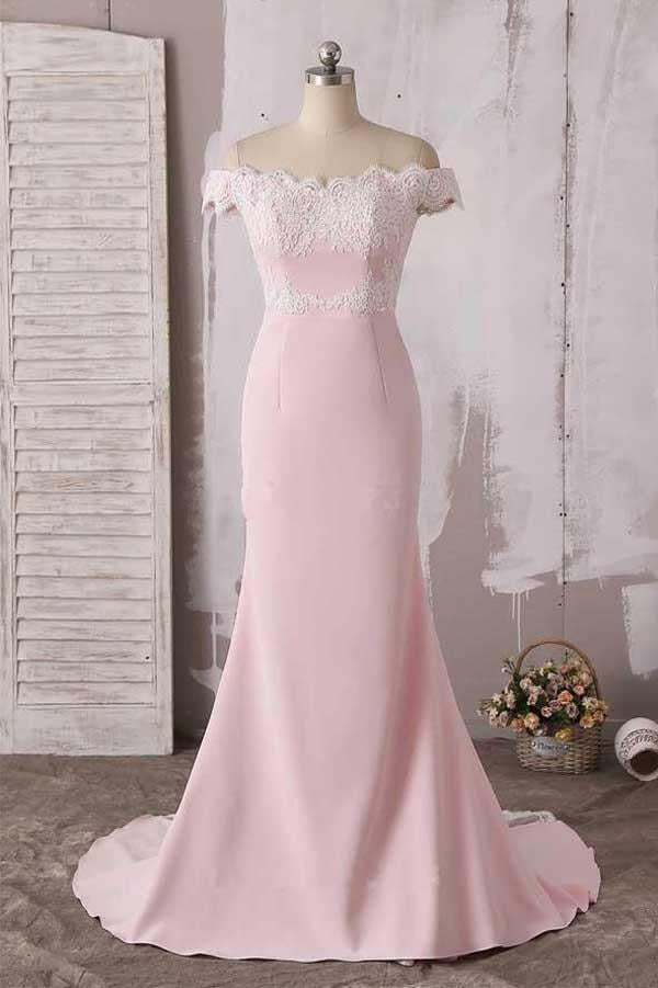 Blush Pink Off-The-Shoulder Sweetheart Lace Satin Mermaid Maxi Gown with Train
