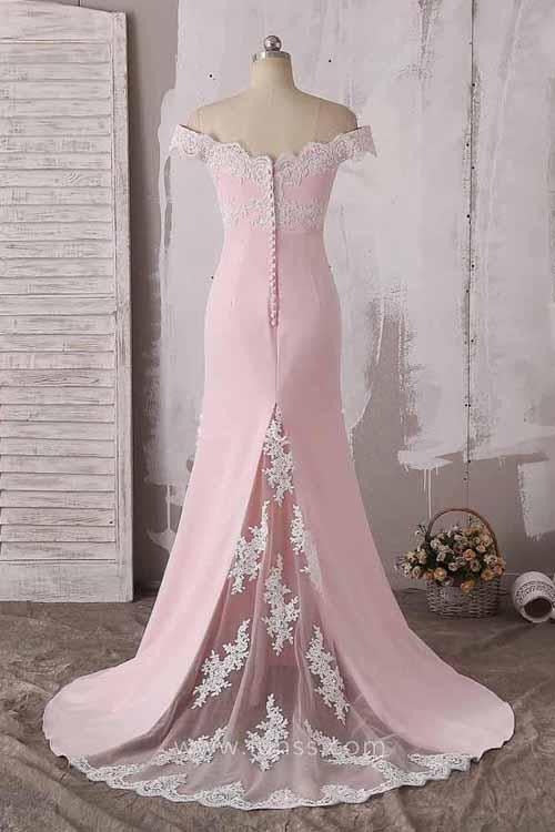 Blush Pink Off-The-Shoulder Sweetheart Lace Satin Mermaid Maxi Gown with Train