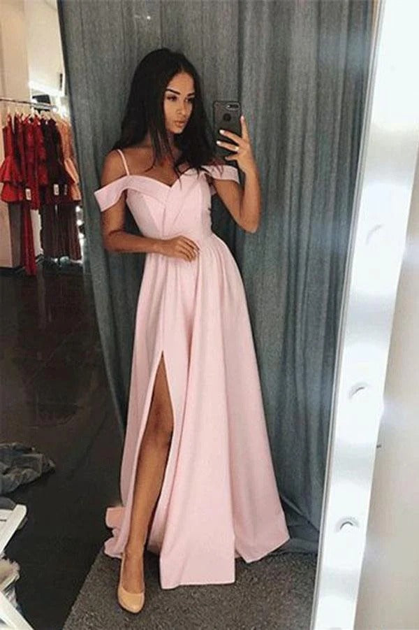 Blush Pink Off-The-Shoulder Sweetheart Satin A-Line Prom Maxi Gown with Slit & Train
