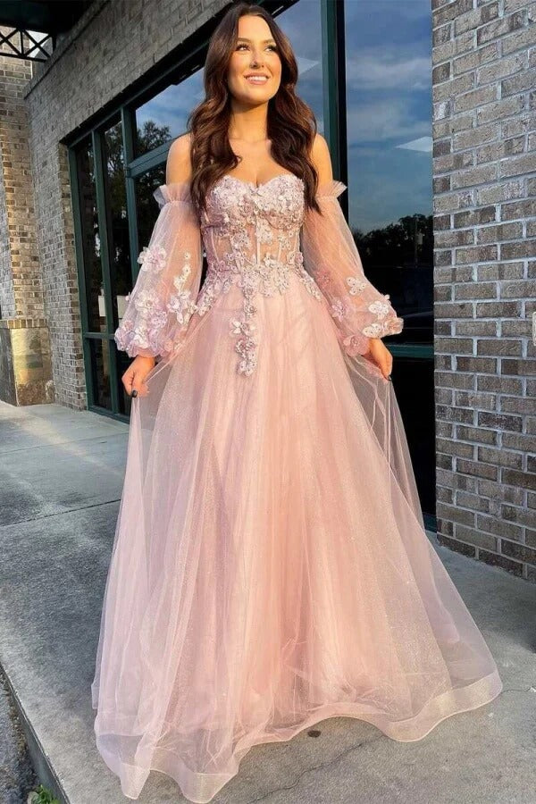 Blush Pink Off-the-Shoulder 3D Floral Lace Long-Sleeve Glitter Tulle Ball Gown