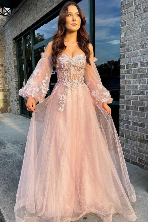 Blush Pink Off-the-Shoulder 3D Floral Lace Long-Sleeve Glitter Tulle Ball Gown