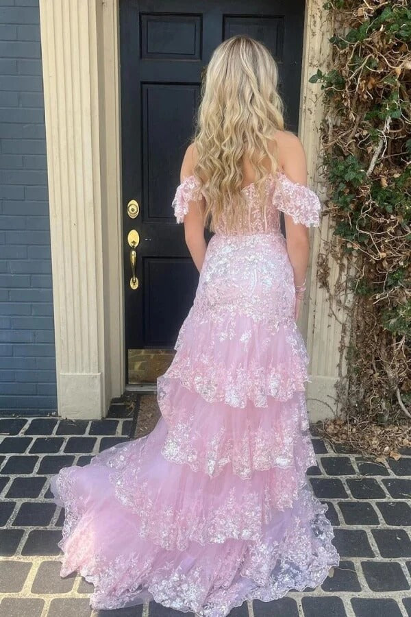 Blush Pink Off-the-Shoulder Lace Appliqué Ruffle Tiered Mermaid Maxi Dress with Slit