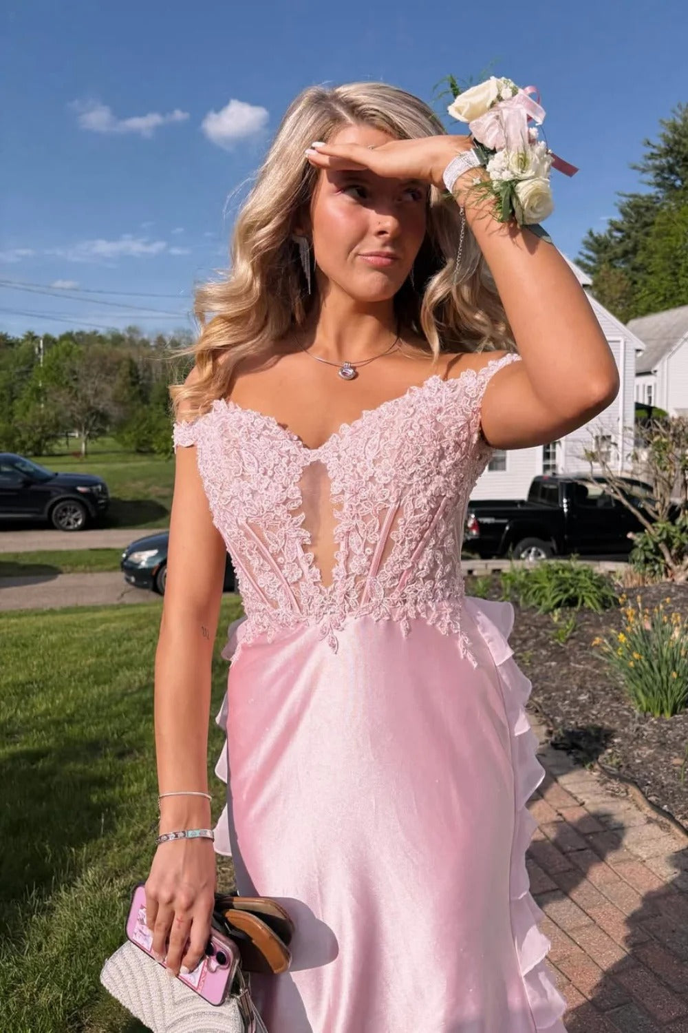 Blush Pink Ruffled Satin Prom Gown – Off-the-Shoulder Lace Corset Dress with Tiered Skirt