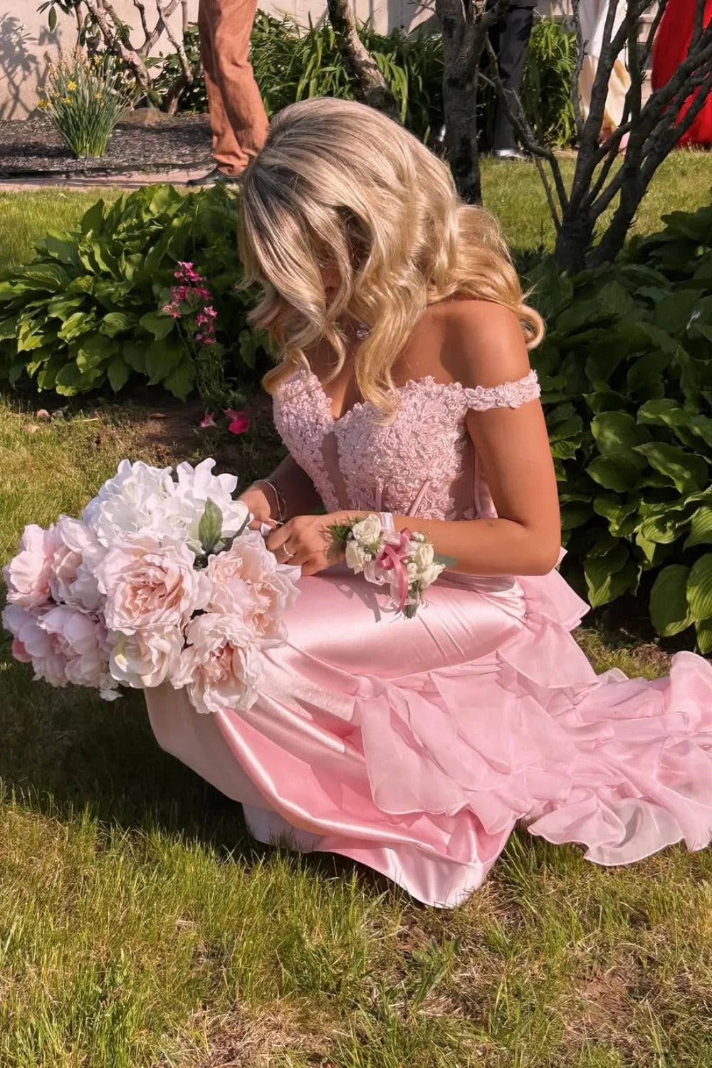 Blush Pink Ruffled Satin Prom Gown – Off-the-Shoulder Lace Corset Dress with Tiered Skirt