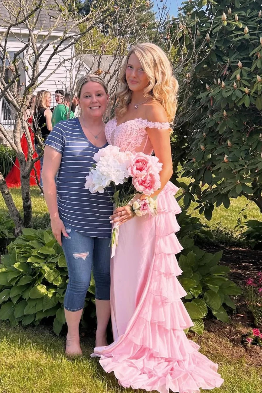 Blush Pink Ruffled Satin Prom Gown – Off-the-Shoulder Lace Corset Dress with Tiered Skirt