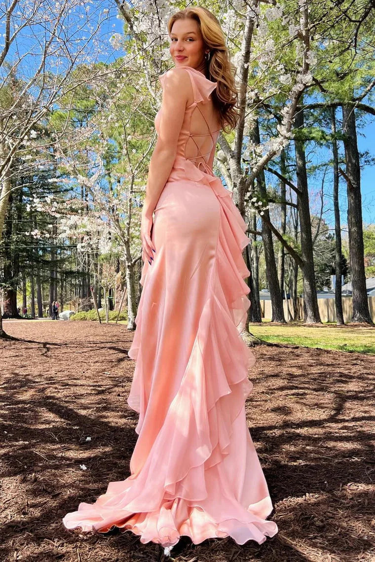 Blush Pink Satin Evening Dress with Ruffled Mermaid Hem & Lace-Up Back