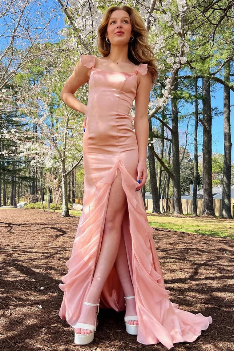 Blush Pink Satin Evening Dress with Ruffled Mermaid Hem & Lace-Up Back