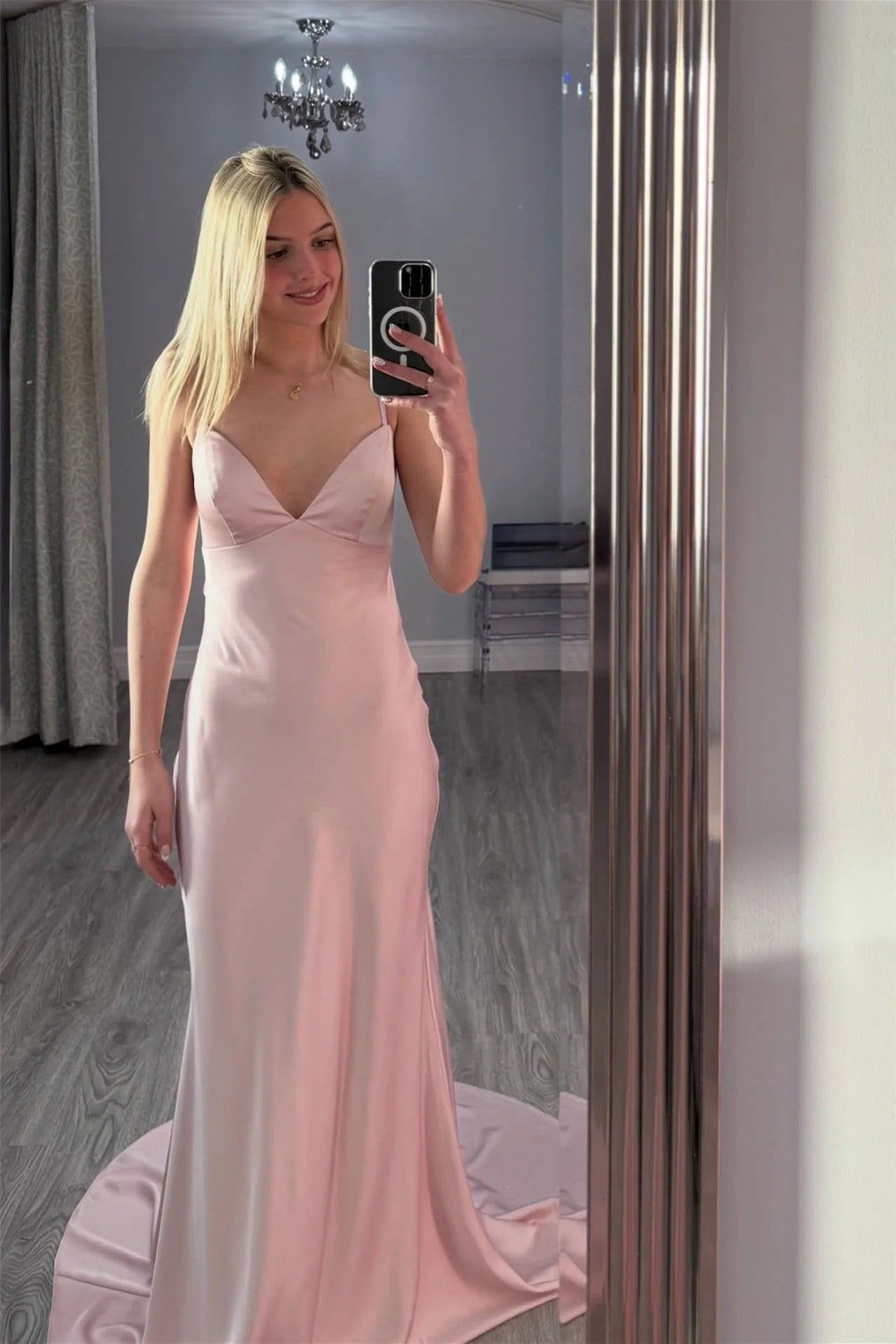 Blush Pink Satin Spaghetti Strap Backless Bow Trailing Gown – Prom Wedding Dress