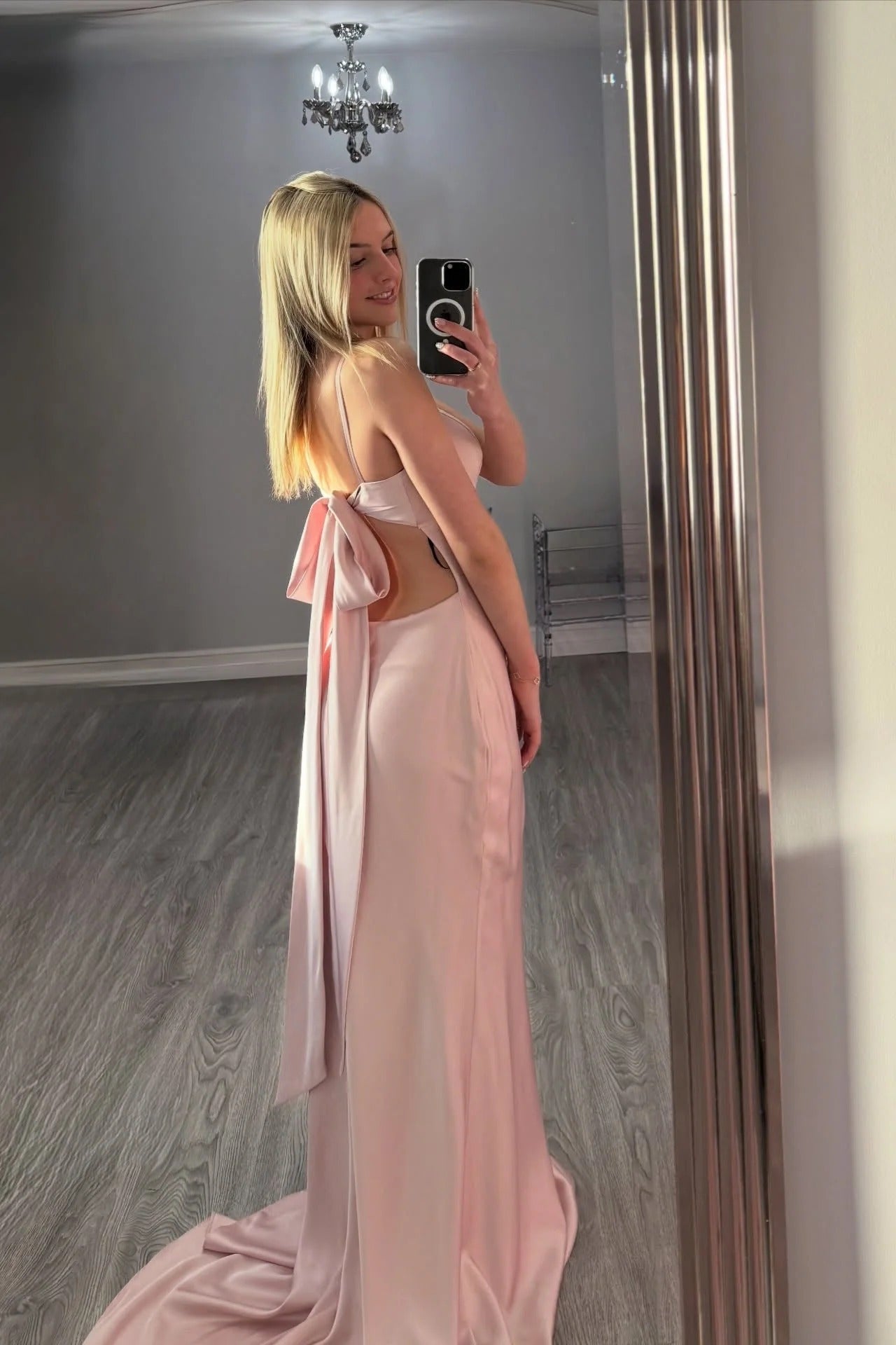 Blush Pink Satin Spaghetti Strap Backless Bow Trailing Gown – Prom Wedding Dress