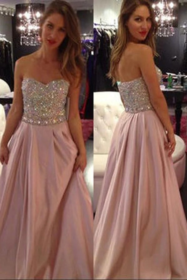 Blush Pink Satin Strapless Beaded Sequin A-Line Ball Gown