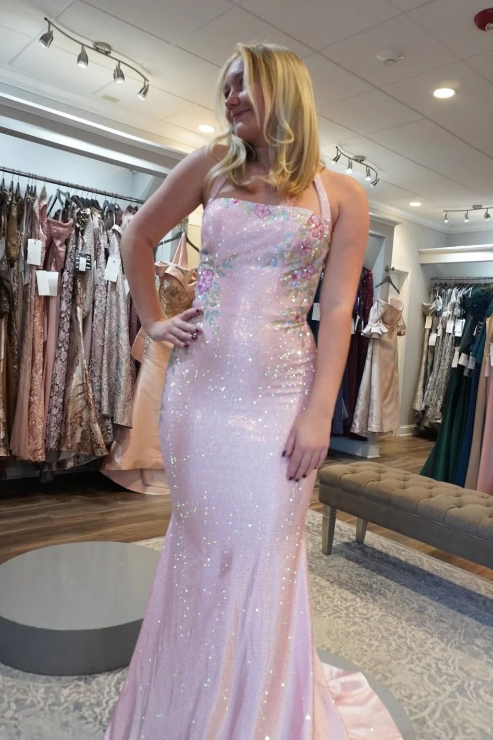 Blush Pink Sequin Floral Embroidered Mermaid Gown with Lace-Up Back