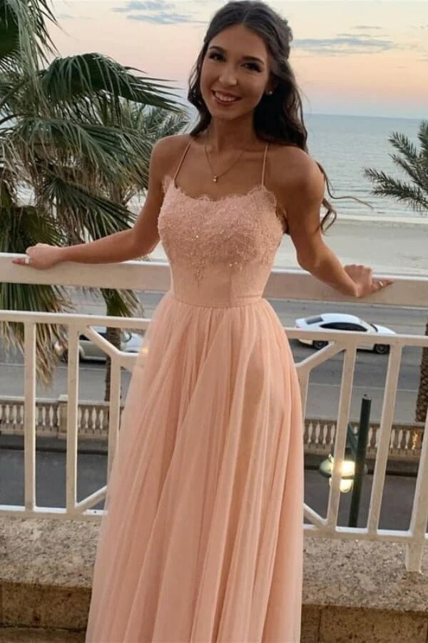 Blush Pink Spaghetti-Strap Lace Beaded Open-Back Tulle Maxi Dress