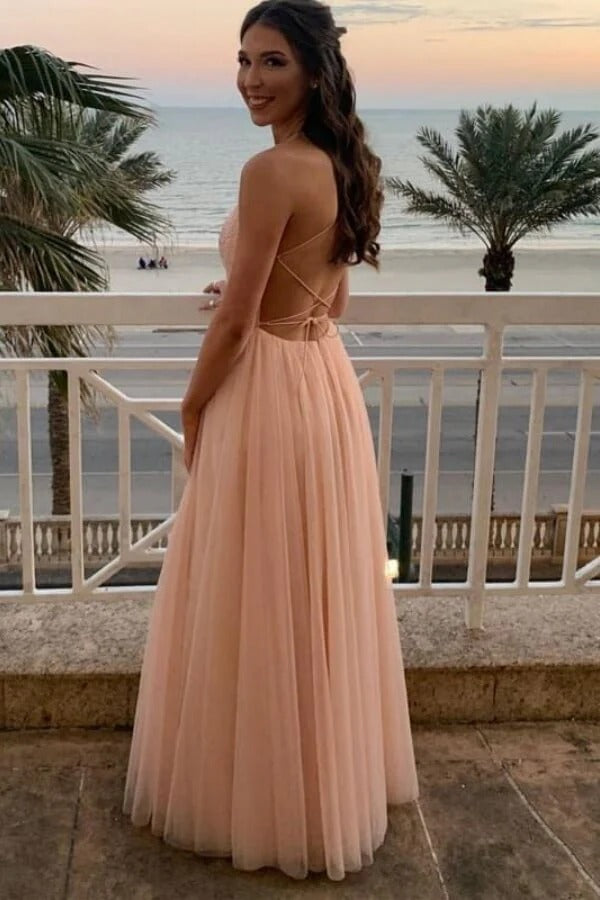 Blush Pink Spaghetti-Strap Lace Beaded Open-Back Tulle Maxi Dress