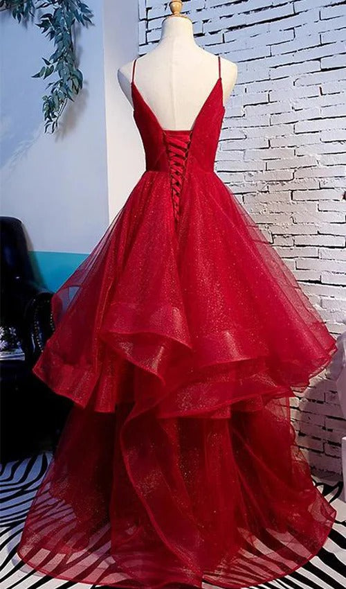 Blush Pink Spaghetti Strap Tiered Glitter Tulle Gown