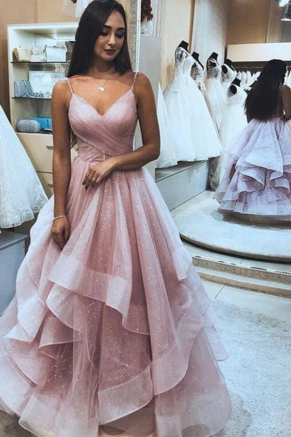 Blush Pink Spaghetti Strap Tiered Glitter Tulle Gown
