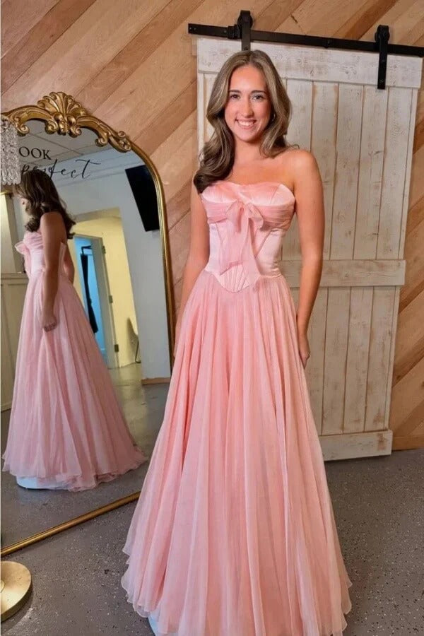 Blush Pink Strapless Corset Bow Detail Chiffon Maxi Dress