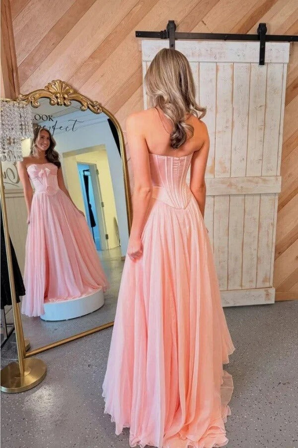Blush Pink Strapless Corset Bow Detail Chiffon Maxi Dress