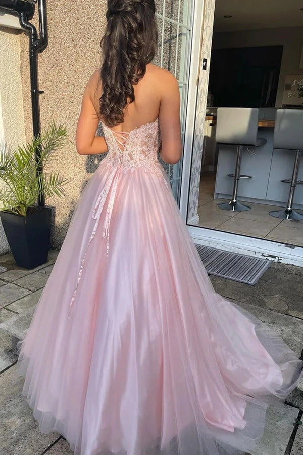 Blush Pink Strapless Floral Lace Tulle Ball Gown with Lace-Up Back
