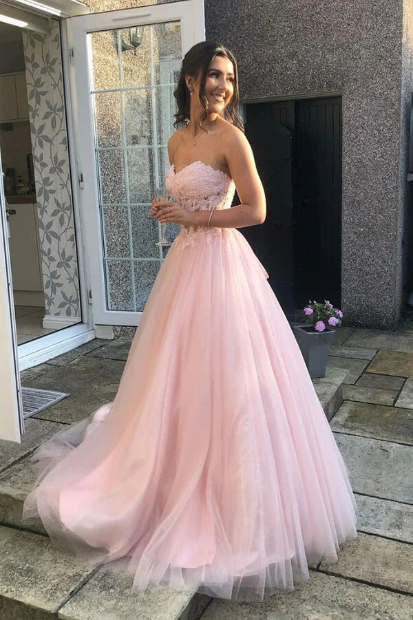Blush Pink Strapless Floral Lace Tulle Ball Gown with Lace-Up Back