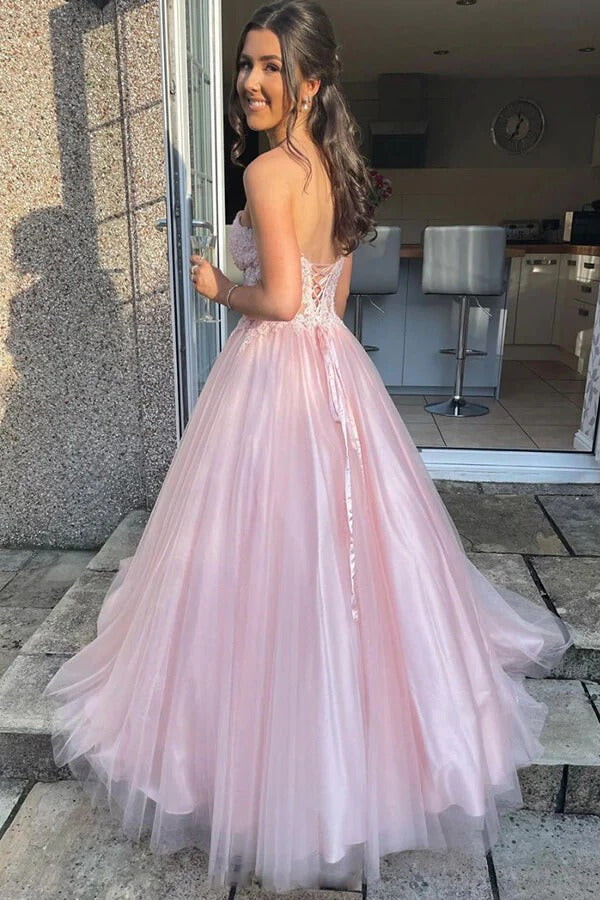 Blush Pink Strapless Floral Lace Tulle Ball Gown with Lace-Up Back