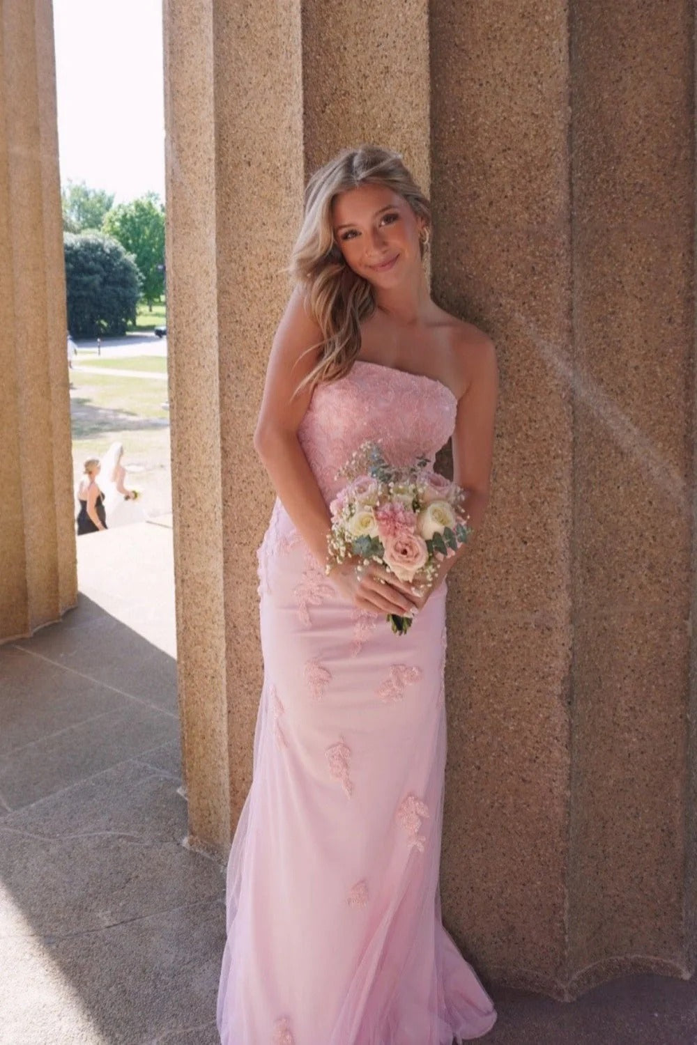 Blush Pink Strapless Lace Mermaid Gown – Prom Bridesmaid Dress