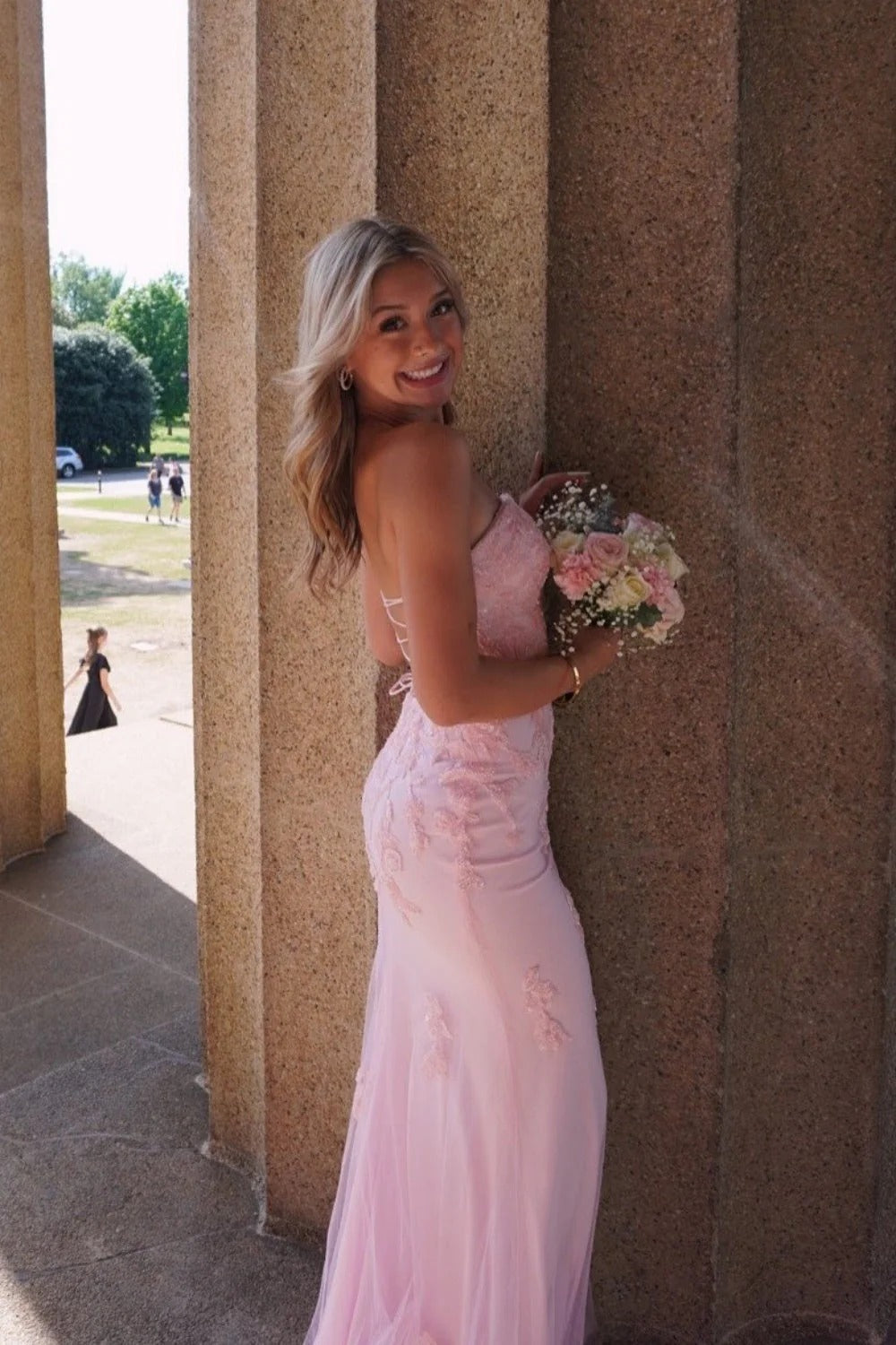 Blush Pink Strapless Lace Mermaid Gown – Prom Bridesmaid Dress