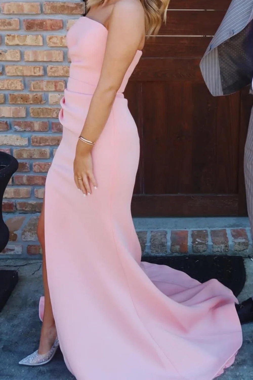 Blush Pink Strapless Mermaid High Slit Trailing Gown – Bridesmaid Prom Dress