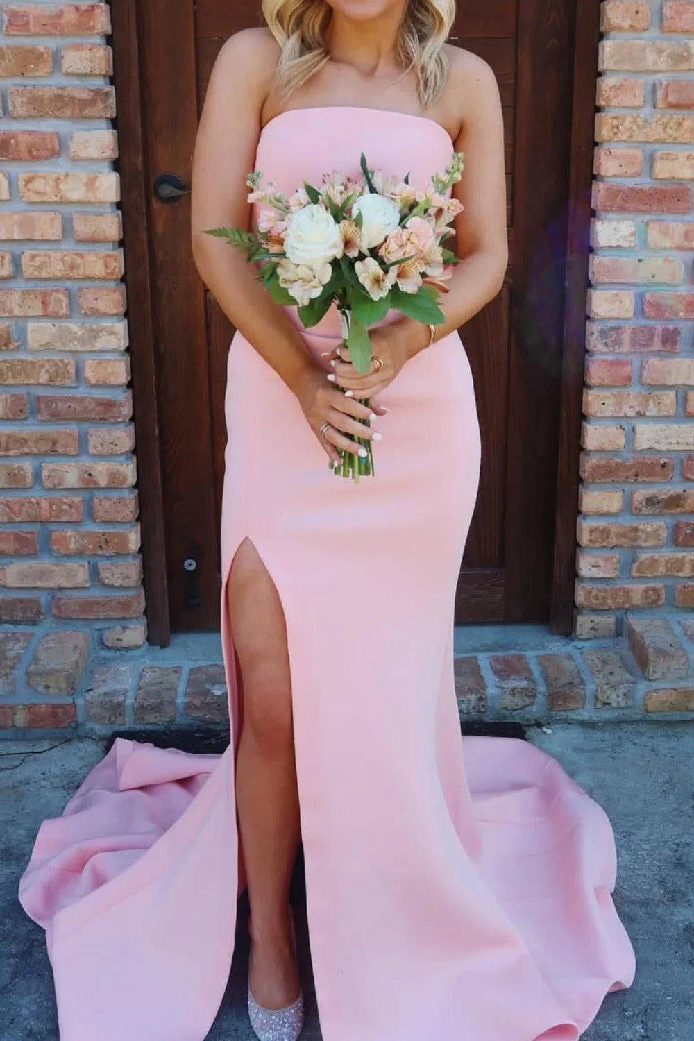 Blush Pink Strapless Mermaid High Slit Trailing Gown – Bridesmaid Prom Dress