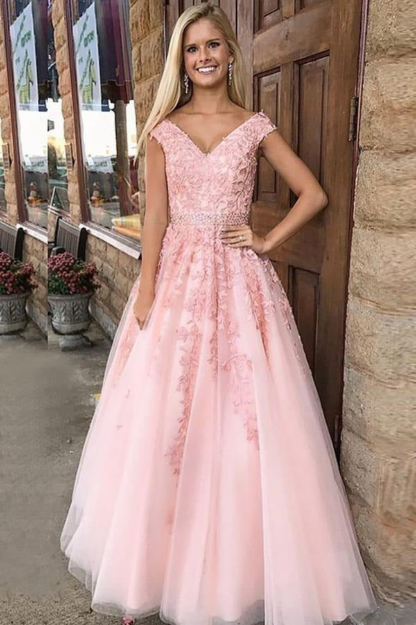 Blush Pink V-Neck Cap Sleeve Beaded Waist Lace Tulle A-Line Prom Maxi Gown