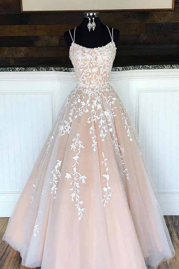 Blush Spaghetti Strap Floral Lace Tulle Gown with Crisscross Lace-Up Back