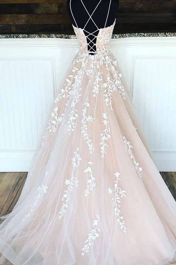 Blush Spaghetti Strap Floral Lace Tulle Gown with Crisscross Lace-Up Back