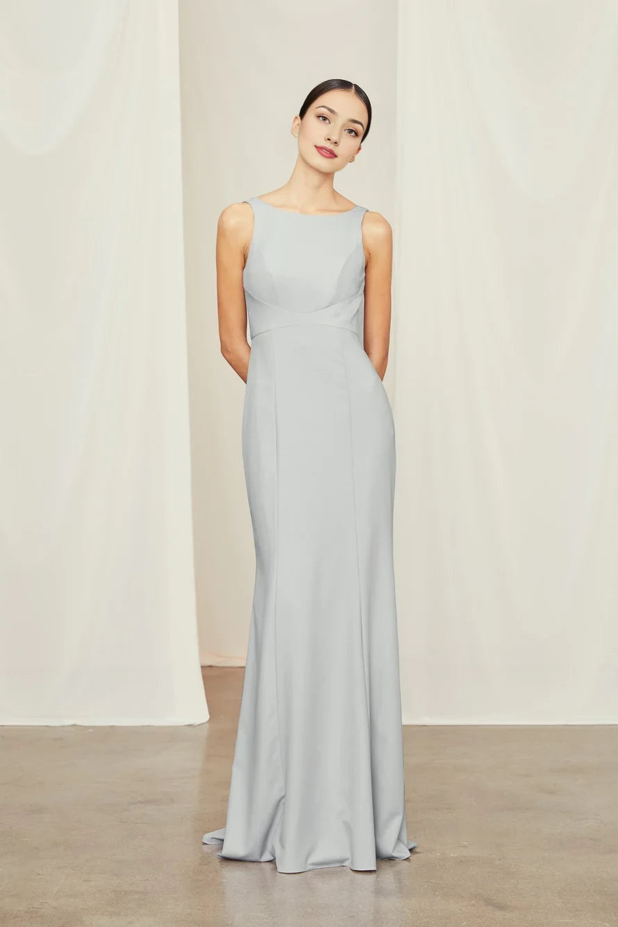 Boat neckline off shoulder sleeveless backless and floor length evening dress
