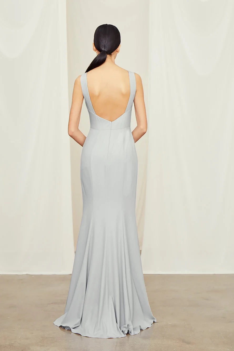 Boat neckline off shoulder sleeveless backless and floor length evening dress