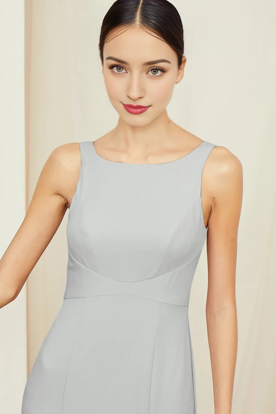 Boat neckline off shoulder sleeveless backless and floor length evening dress