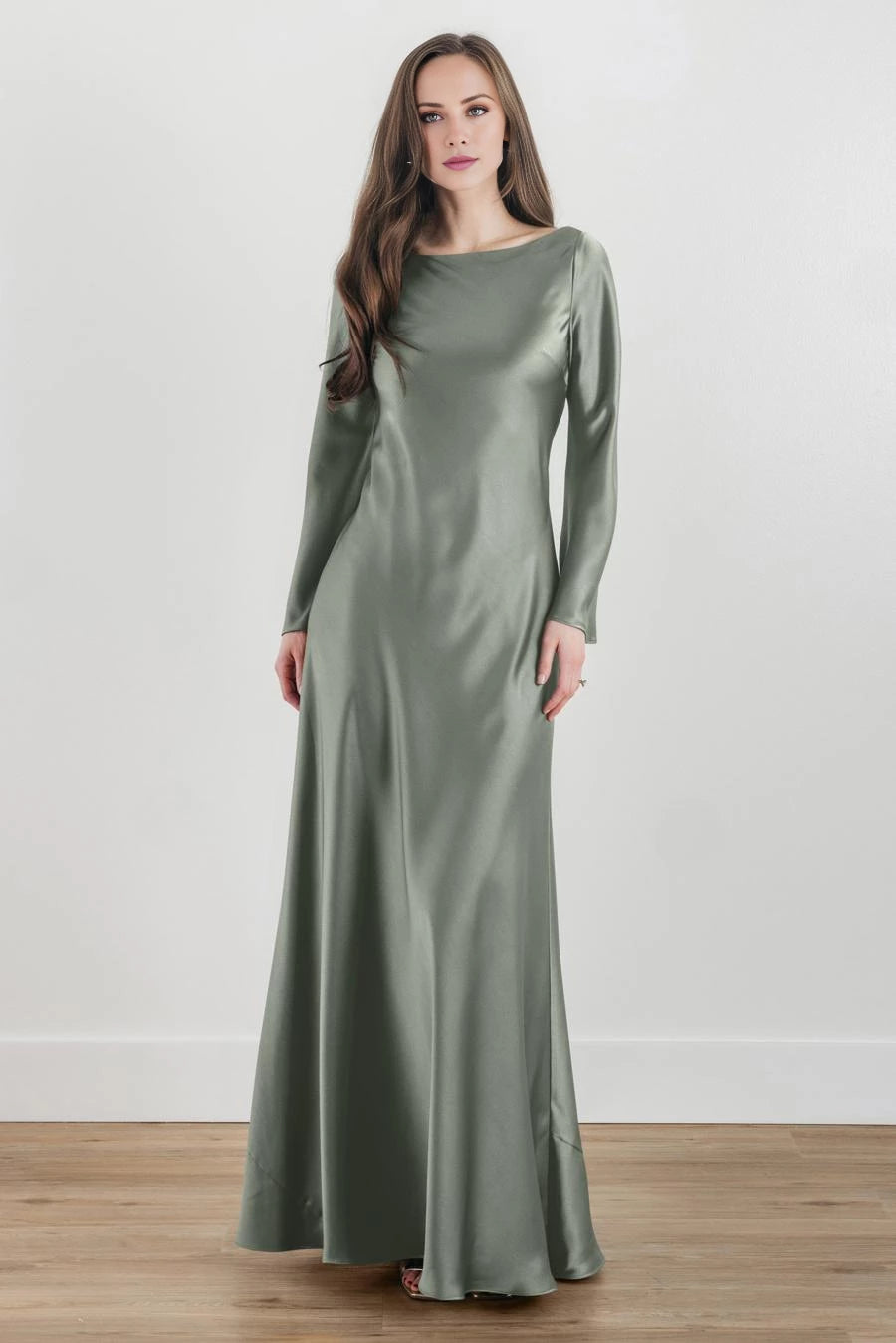 Robe de soirée à col bateau, manches longues, lien dans le dos et longueur au sol