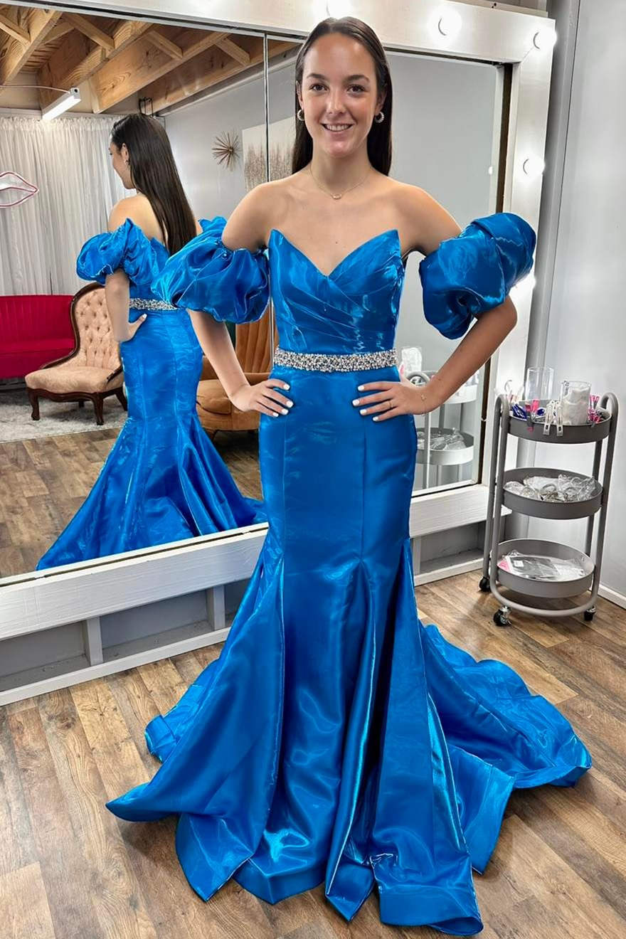 Bold Mermaid Sweetheart Off-Shoulder Puffed-Sleeve Beaded Floor-Length Prom Dress